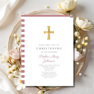 Religiöses Kreuz rosa Streifen Mädchen Taufkleid Einladung
