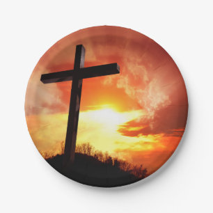 Religiöses Osterkreuz bei Sonnenuntergang Pappteller