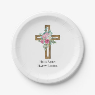 Religiöses Ostern Er ist auferstanden Holzkreuz fl Pappteller