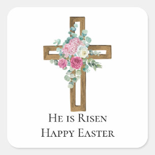 Religiöses Ostern Er ist auferstanden Holzkreuz Fl Quadratischer Aufkleber