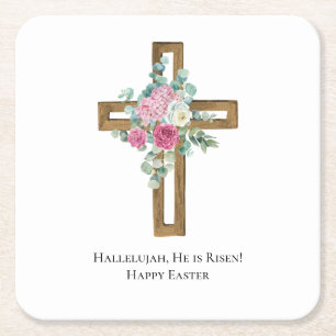 Religiöses Ostern Er ist auferstanden Holzkreuz fl Rechteckiger Pappuntersetzer