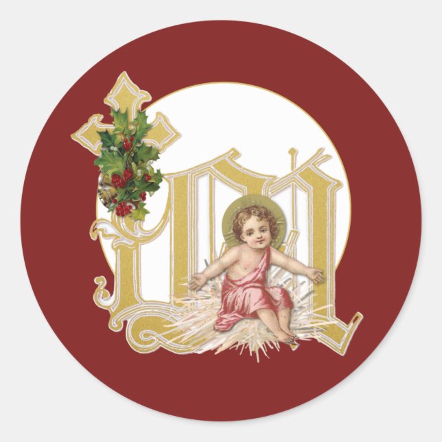 Religiöses Weihnachtskind Jesus Blumenkreuz Runder Aufkleber (Vorderseite)