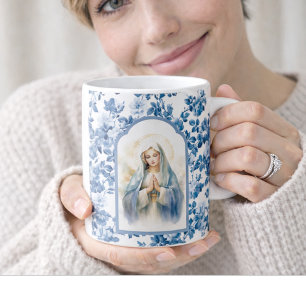 Religious Blue Floral gesegnete Mutter Mary Kaffeetasse