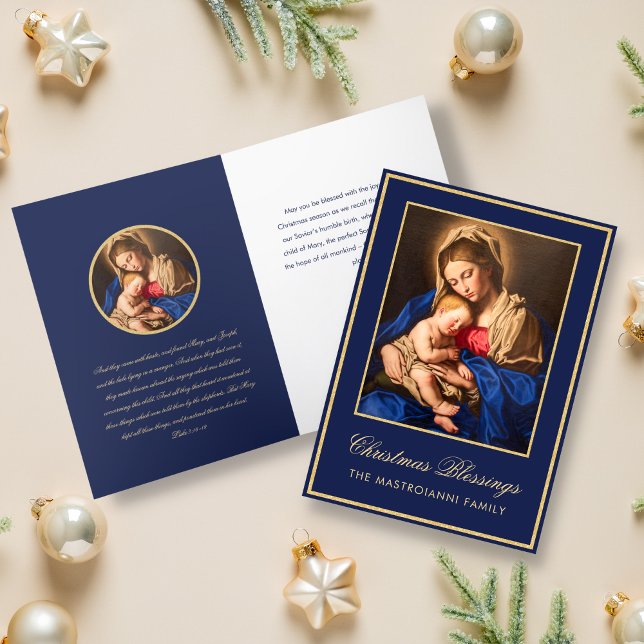 Religious Blue Gold Madonna & Kind Weihnachten (Religious Christmas card for Catholics with Madonna and Child in midnight blue and gold)