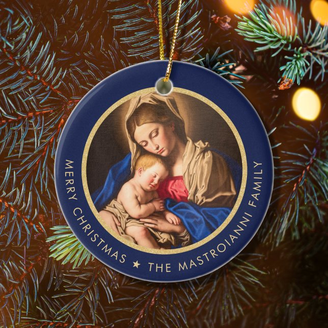 Religious Blue & Gold Madonna & Kind Weihnachten Keramik Ornament (Midnight blue and gold religious Christmas ornament for Catholics and Christians)
