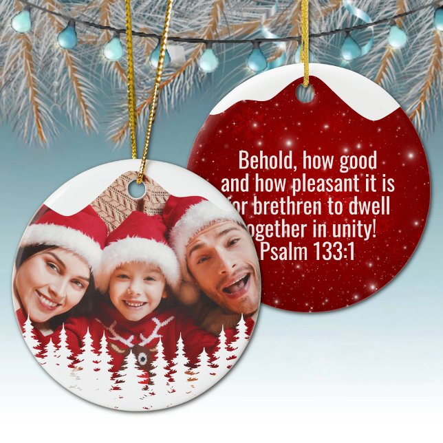 Religious Christian Scripture Divine Passage ⛪️ 🎄 Keramik Ornament (Custom image God Gospel Psalm 133:1 Religious Holiday Ceramic Devotional Ornament red sparkle 🌲✞)