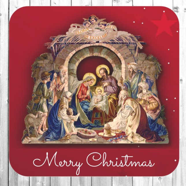 Religious Christmas Card Baby Jesus Envelope Quadratischer Aufkleber (Von Creator hochgeladen)