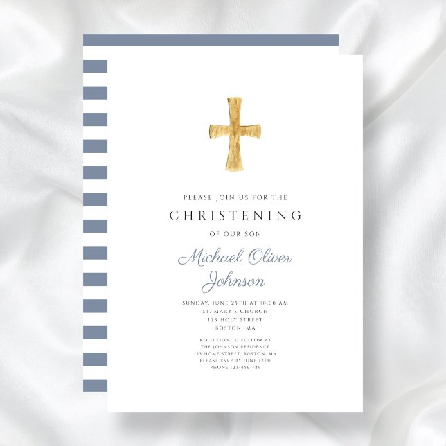 Religious Cross Blue Stripes Boy Christening Einladung (Religious Cross Blue Stripes Boy Christening Invitation)