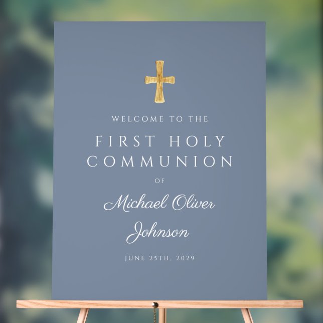 Religious Dusty Blue Boy First Communion Welcome Acrylschild (Neutral)