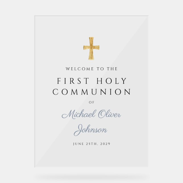 Religious Dusty Blue Boy First Communion Welcome Acrylschild (Vorderseite)