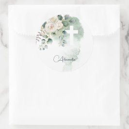 Religious Elegant Roses Green Wash Cross Runder Aufkleber