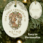 Religious First Christmas Mr. und Mrs. Wedding Keramik Ornament<br><div class="desc">Mit einem hübschen,  traditionell katholischen Vintage-Bild von der gesegneten Jungfrau Mary und St. Joseph,  die mit einem goldenen Vintagen Rahmen heiraten,  Kirschblüten. Auf der Rückseite ist die schöne Schrift Vers des Song von Solomon 3:4.</div>