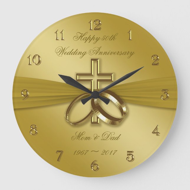 Religious Golden 50. Wedding Anniversary Clock Große Wanduhr (Vorderseite)