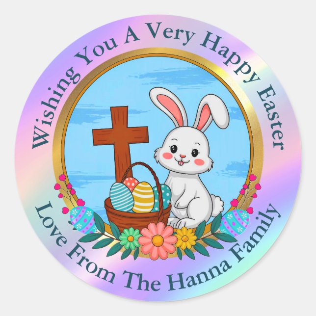 Religious Happy Easter, Bunny with Cross & Egg Runder Aufkleber (Vorderseite)