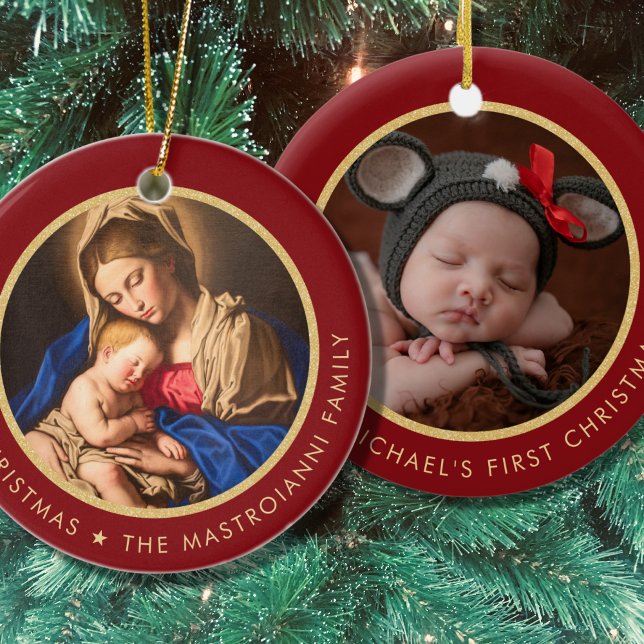 Religious Madonna & Child Baby's 1st Christmas Keramik Ornament (Catholic Baby's 1st Christmas ornament with Madonna and Child in red and gold)