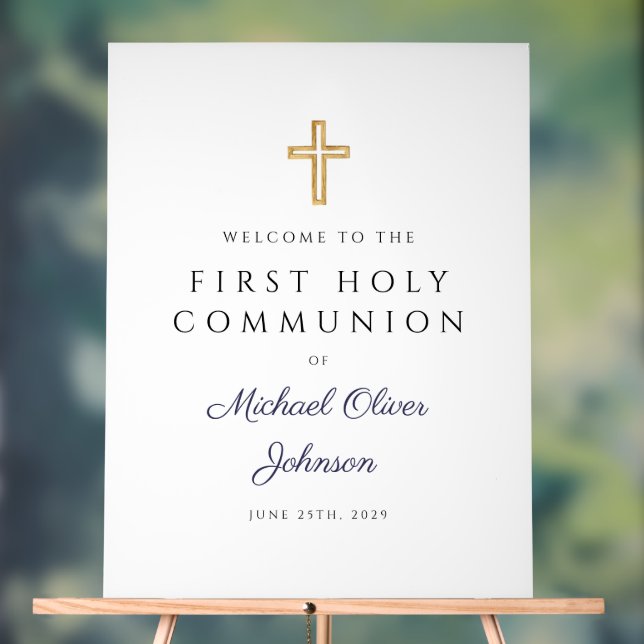 Religious Navy Blue Boy First Communion Welcome Acrylschild (Neutral)
