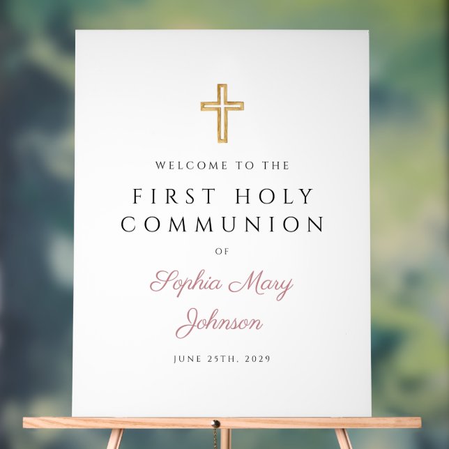 Religious Pink Script Girl First Communion Welcome Acrylschild (Neutral)