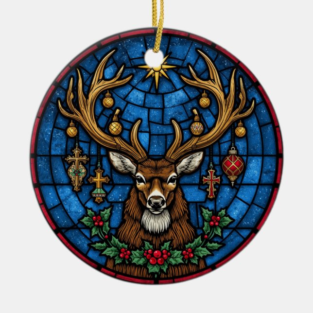Religious Stained Glass Stag & Cross Keramik Ornament (Vorne)