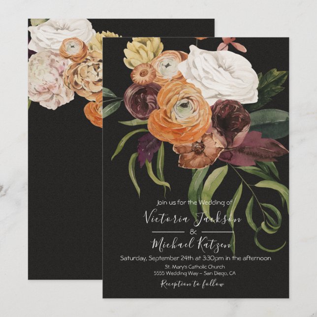 Rembrandt Autumn Floral Dark & Moody Wedding Einladung (Vorne/Hinten)