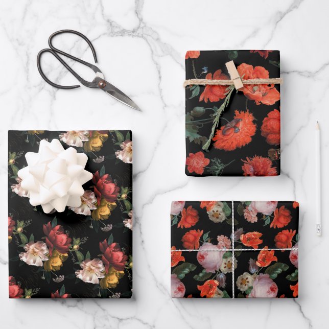 Rembrandt Dark & Moody floral Geschenkpapier Set (Vorderseite)