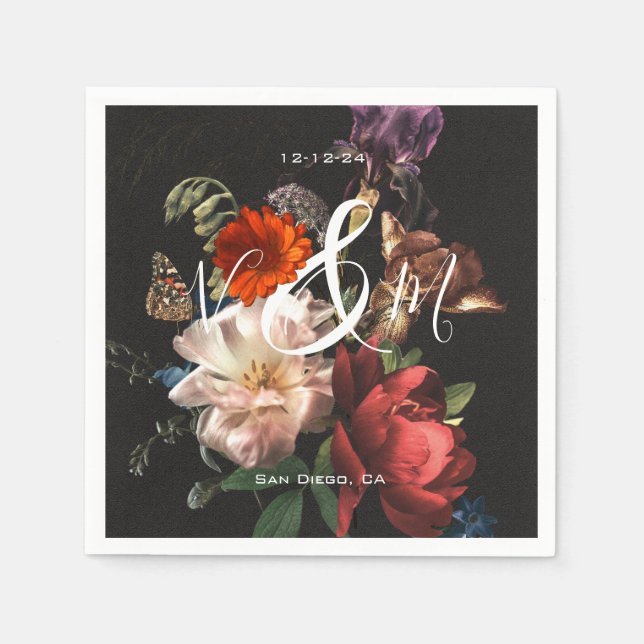 Rembrandt Dark & Moody Floral Monogram Napkins Serviette (Vorderseite)
