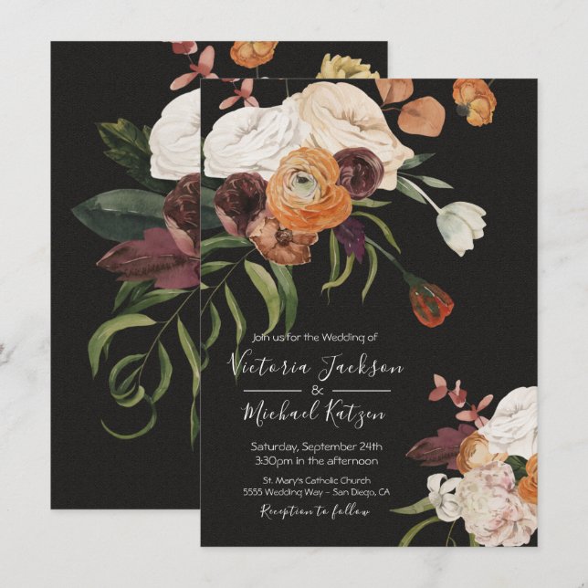Rembrandt Floral Dark & Moody Faire-part de mariag (Devant / Derrière)