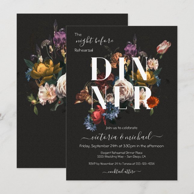 Rembrandt Floral Dark & Moody Probe Dinner Einladung (Vorne/Hinten)