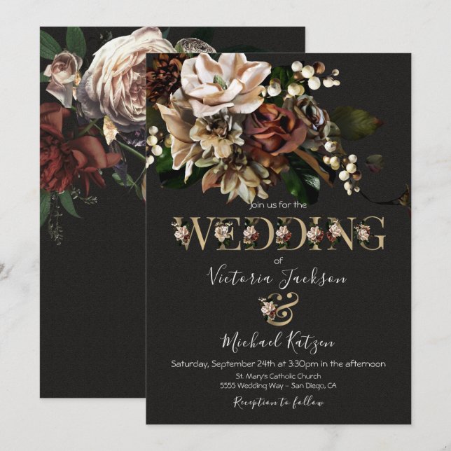 Rembrandt Floral Dark & Moody Wedding Einladung (Vorne/Hinten)
