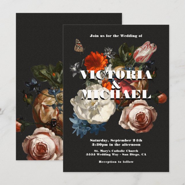 Rembrandt Floral Dark & Moody Wedding Einladung (Vorne/Hinten)