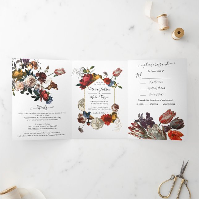 Rembrandt Floral Foto Wedding Tri-Fold Einladung (Innenseite)
