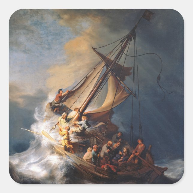 Rembrandt Storm Sea of Galilee Painting Quadratischer Aufkleber (Vorderseite)