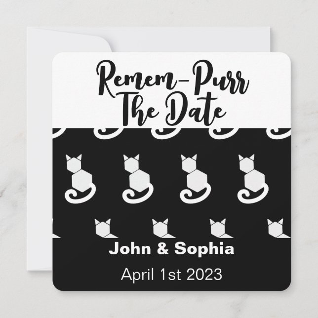 Remem Purr Funny Moderne Schwarz-Weiß Katze QR Sa Save The Date (Vorderseite)