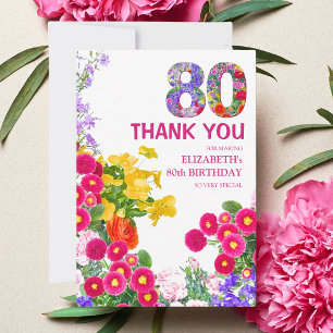 Remerciements 80e anniversaire fête bouquet floral carte de reme