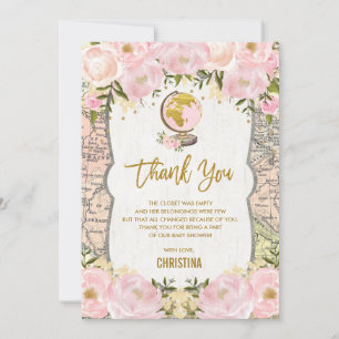 Remerciements Baby shower floral de carte de voyage d'or rose