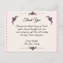 Baptême rose pour la petite fille Carte de remerci