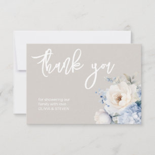 Remerciements Carte de baby shower floral bleu et blanc poussiér