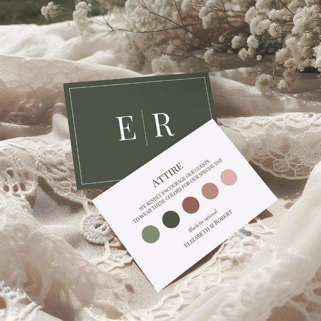 Remerciements Carte de code vestimentaire du Mariage vert olive (Olive Green Wedding Attire Guest Dress Code Card on a boho wedding table.)