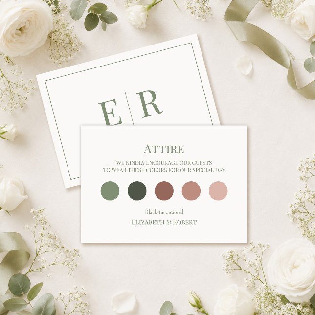 Remerciements Carte de code vestimentaire mariage blanc et olive (White & Olive Wedding Attire Dress Code Card on a wedding table with white roses and decor.)