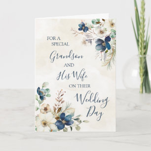 Remerciements Carte de mariage florale bleue pour petit-fils et