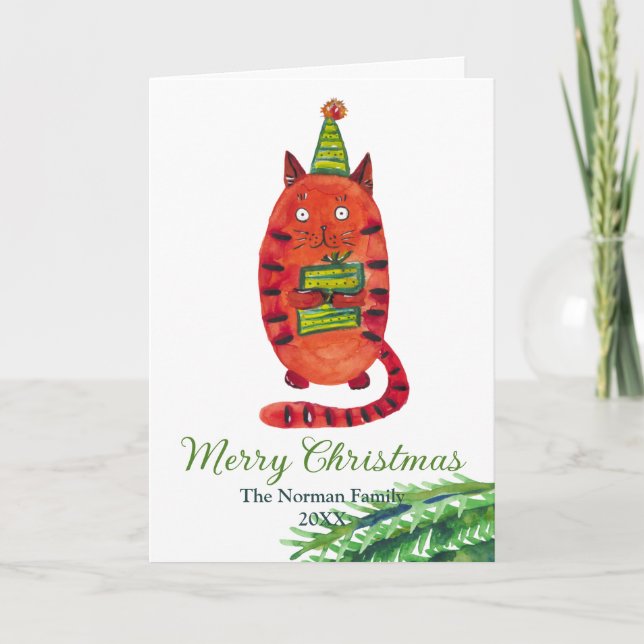 Remerciements Carte de Noël avec chat rouge. Chat aquarelle (Devant)