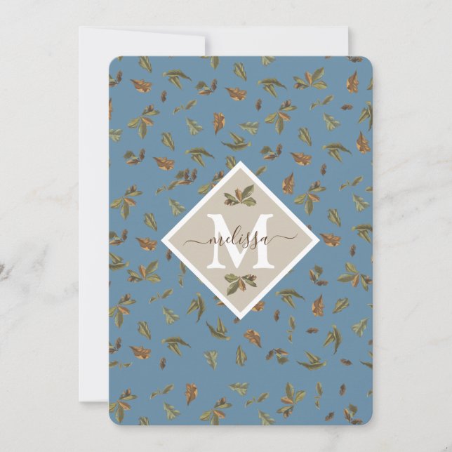 Remerciements Carte de note Monogramme Feuille Dusty Blue Rustic (Devant)