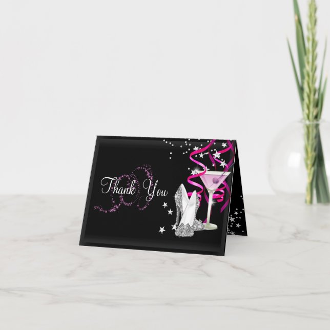 Remerciements Carte de remerciement à paillettes rose et noir (Devant)