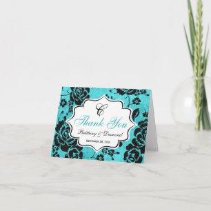 Remerciements Carte de Remerciement Aqua Noir Blanc Floral Damas