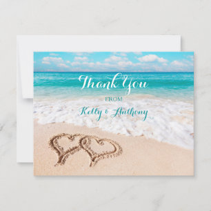 Remerciements Carte de remerciement avec des cœurs sur le sable 