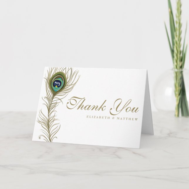 Remerciements Carte de remerciement de mariage à plumes de paon  (Devant)