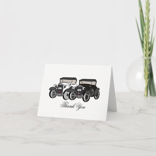 Remerciements Carte de remerciement de mariage à voiture ancienn (Devant)