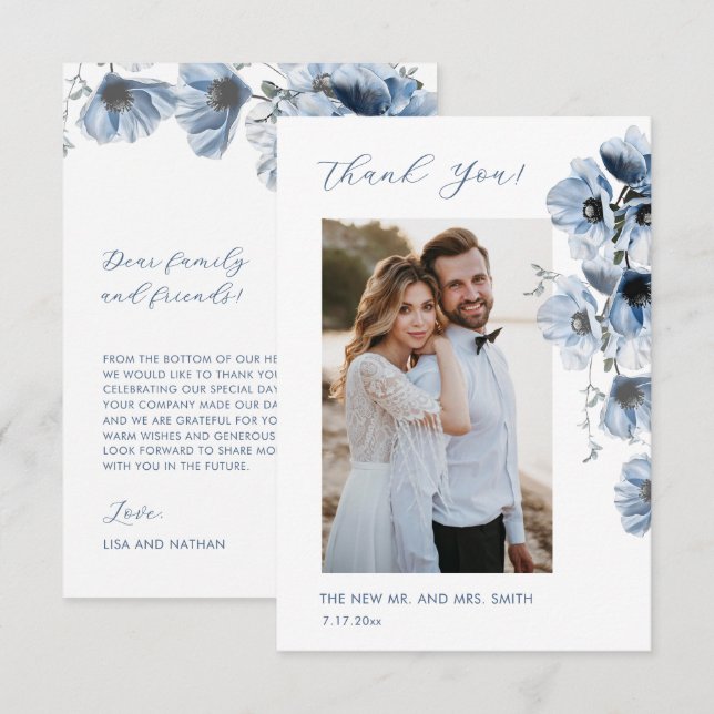 Remerciements Carte de remerciement de mariage Fleurs Bleues Tra (Devant / Derrière)