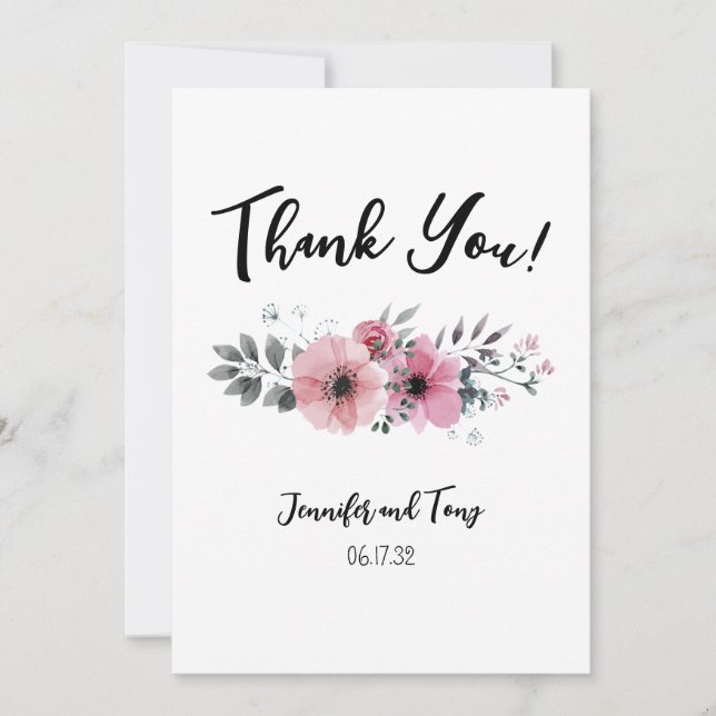 Remerciements Carte de remerciement de mariage Fleurs roses et r (Devant)