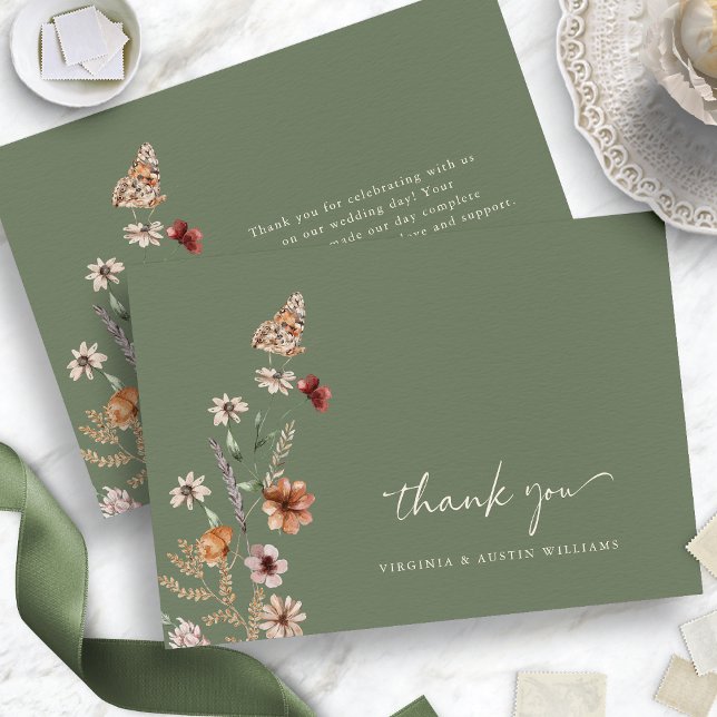 Remerciements Carte de remerciement de mariage florale boho vert (Sage Green Boho Floral Wedding Thank You Card with Butterfly by Painted Paperie
)