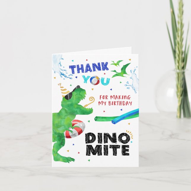 Remerciements Carte de remerciement Fête de dinosaures à la pisc (Devant)